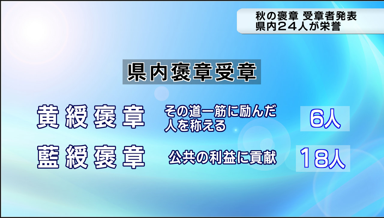 2022年の秋の褒章の受章者が2日、発表され、岐阜県内在住者は24人が栄誉に輝き...