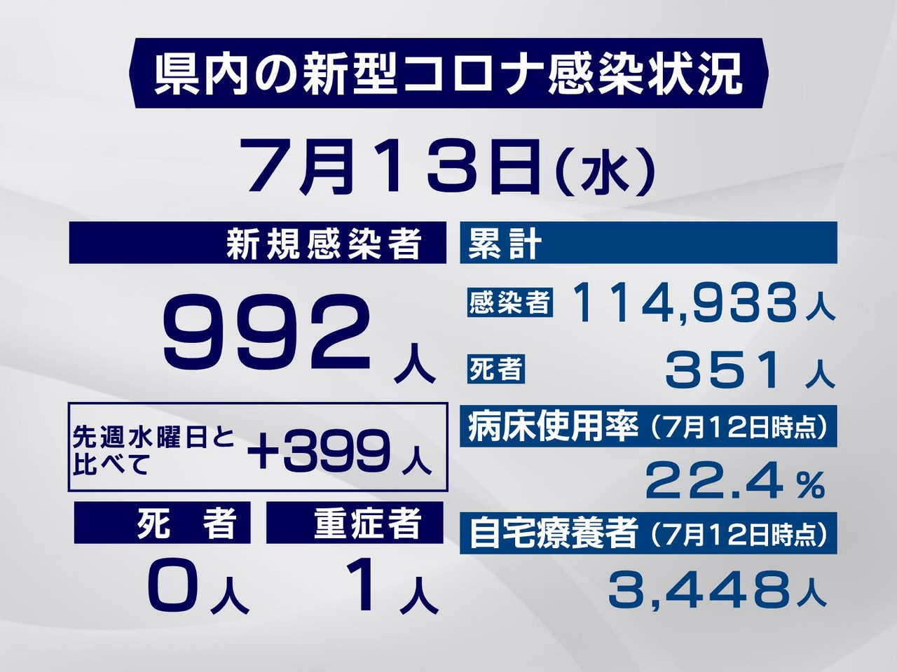 岐阜県と岐阜市は13日、新型コロナウイルスの感染者が新たに992人確認されたと発...