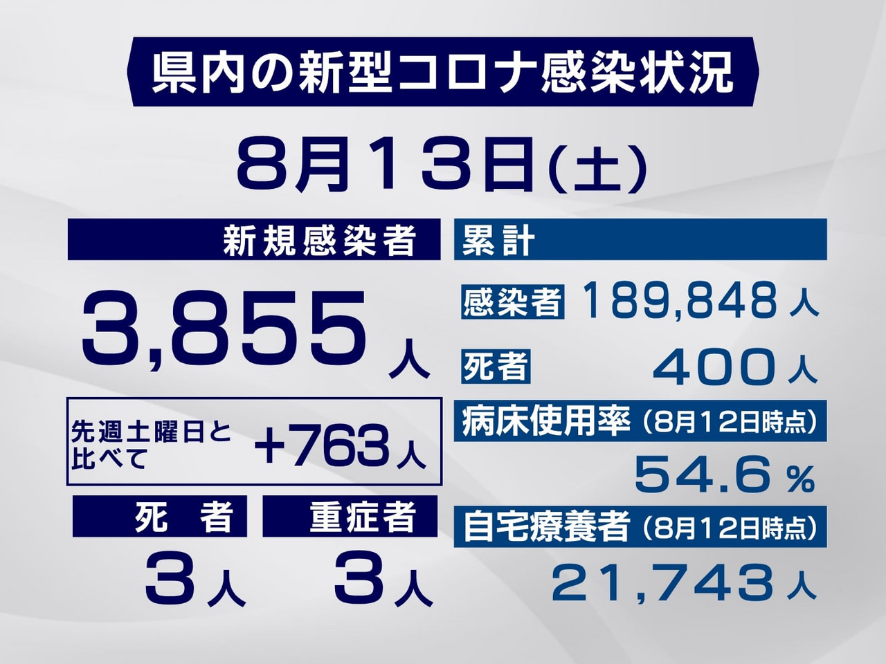 岐阜県と岐阜市は１３日、新型コロナウイルスの新規感染者が過去３番目の３８５５人、...