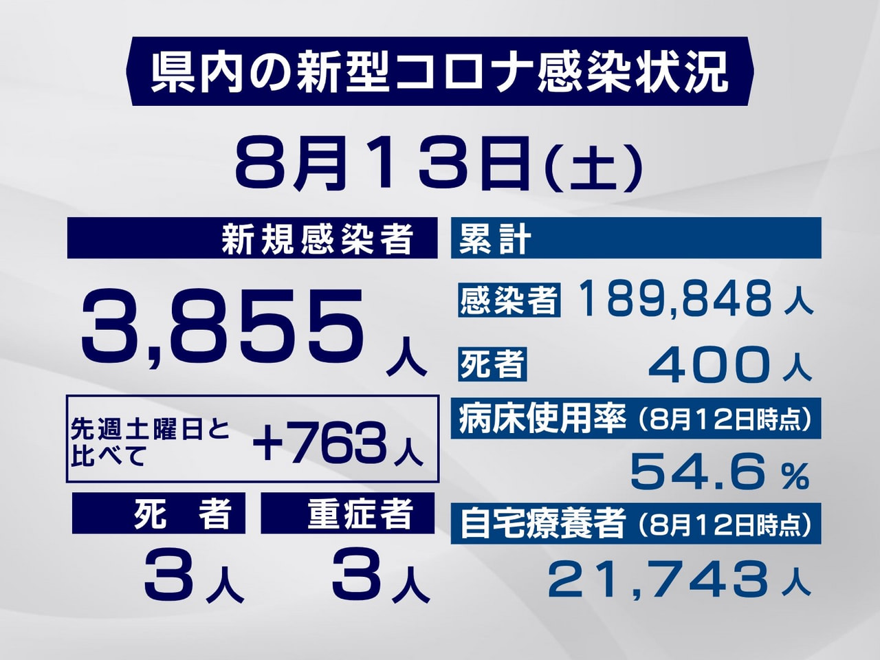 岐阜県と岐阜市は13日、新型コロナウイルスの新規感染者が過去3番目の3855人、...