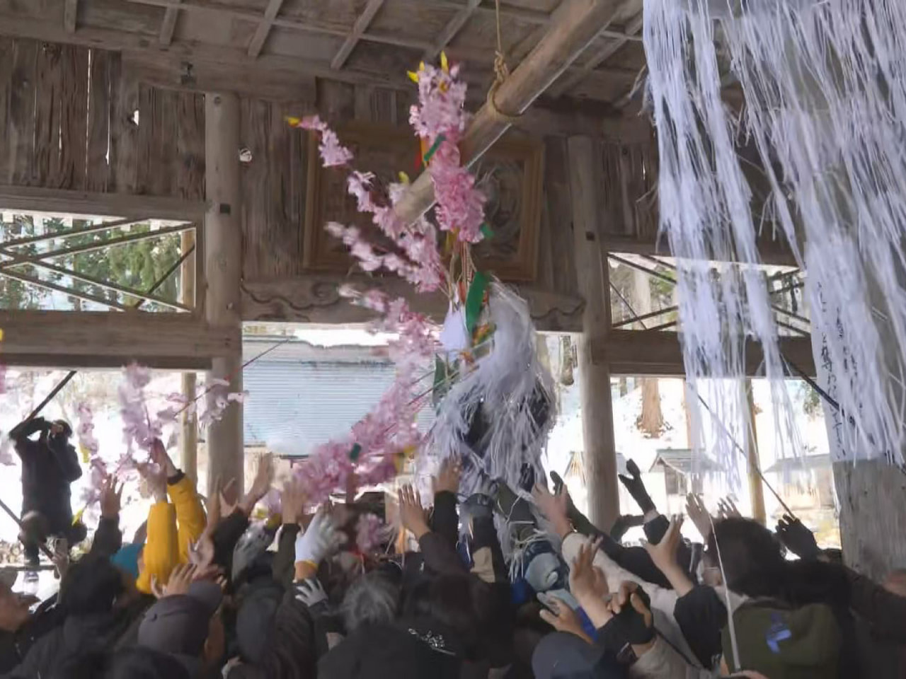 郡上市の長滝白山神社で６日、新年恒例の「花奪い祭り」が行われ、福をつかみ取ろうと...
