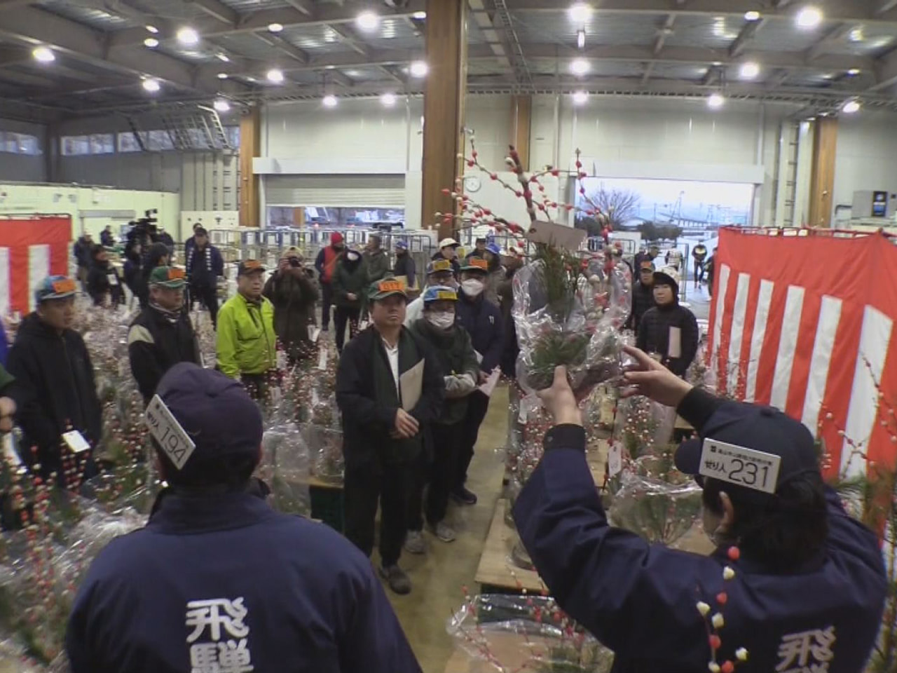 高山市公設地方卸売市場で、飛騨の新春を彩る花もちの競り市が１１日開かれ、威勢の良...